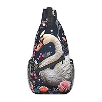 Floral Swan Sling Bag Lightweight Crossbody Bag Shoulder Bag Chest Bag Travel Backpack for Women Men