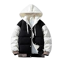 Men's Hood Puffer Jacket Color Block Heavyweight Quilted Winter Thick Warm Coat Windbreaker Big Tall Mens Jacket
