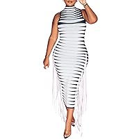Womens Sexy Sleeveless Striped Print Tassel Slim Bodycon Dress Nightclub Clubwear Dress