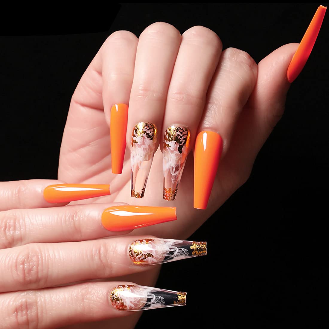 Mua Long Orange Fall Nails 24PCS Glossy Smoke Pattern Fake Nails ...