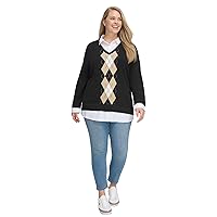 Tommy Hilfiger Women's Plus Layered Look Soft Polished Sweater, BLK Multi, 1X