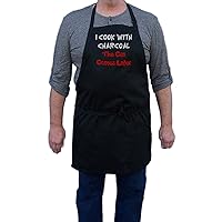 Barbecue Aprons With Funny Sayings I Cook With Charcoal, Black, 2 Pockets, Adjustable Neck Strap