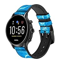 CA0440 Blue Water Swimming Pool Leather & Silicone Smart Watch Band Strap for Fossil Mens Gen 5E 5 4 Sport, Hybrid Smartwatch HR Neutra, Collider, Womens Gen 5 Size (22mm)