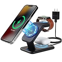 3-in-1 MagSafe Charger Stand, 18W Fast Magnetic Charger for iPhone 14, 13 & 12 Series - Apple Watch & AirPods, Wireless Charging Station for Multiple Devices with Adapter and LED