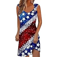 Summer Patriotic Beach Dress,2024 V Neck Tank Sundress for Women Casual Tshirt Flag Fourth of July Dress Knee Length