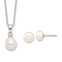 Sterling Silver FW Cultured Pearl Necklace & Stud Ear Set