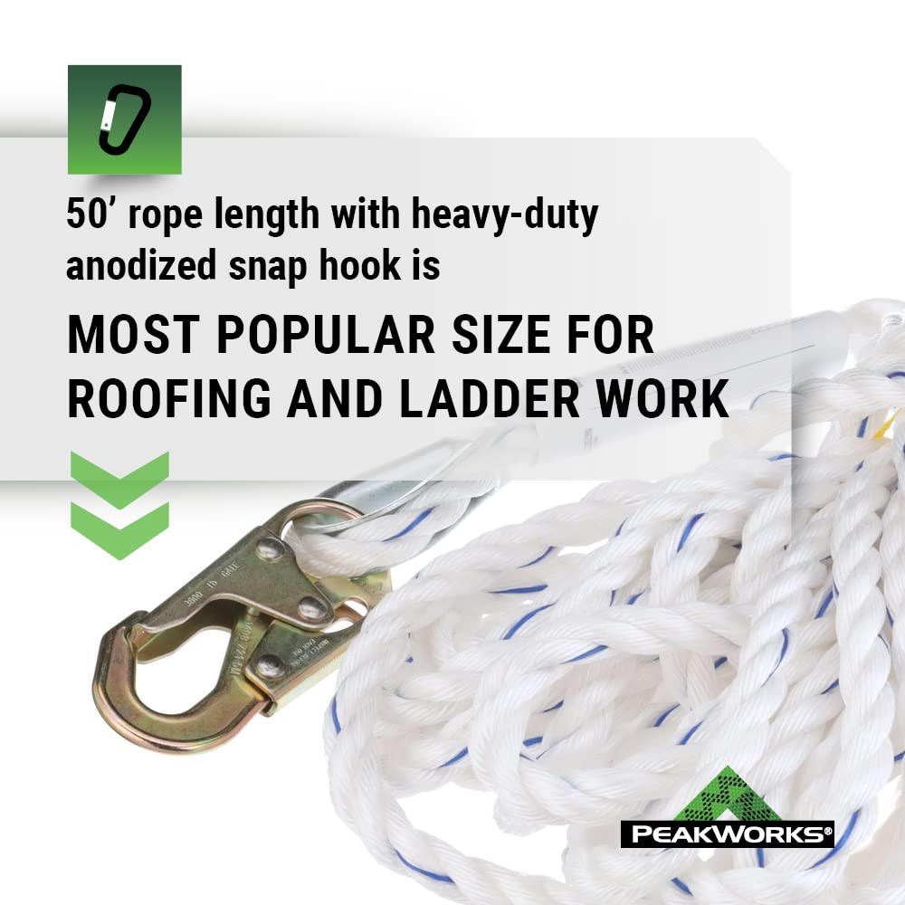 PeakWorks Fall Protection Safety Lifeline Rope Grab, Anchor 50' Vertical Cable, Galvanized Steel Snap Hook Harness Tools Equipment for Climbing, Rescue, Hunting, Roofing, V84084050