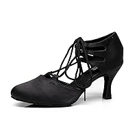 Minishion TJ7137 Women's Girls Lace-up Satin Tango Latin Dancing Shoes Evening Pumps