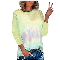 Womens Crewneck 3/4 Sleeve Summer Tops Dressy Casual Fall Clothes Tie-Dye Pullover T-Shirts Trendy Tunic Shirts