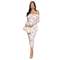 Fall Dresses for Women 2023 Allover Floral Print Off Shoulder Ruched Dress Dresses for Women (Color : White, Size : X-Small)