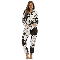 Fleece Onesie Adult Women Winter Warm Long Sleeve Cow Print Jumpsuit Rompers Fleece Zipper Hooded Cosplay One-Piece Nightgown