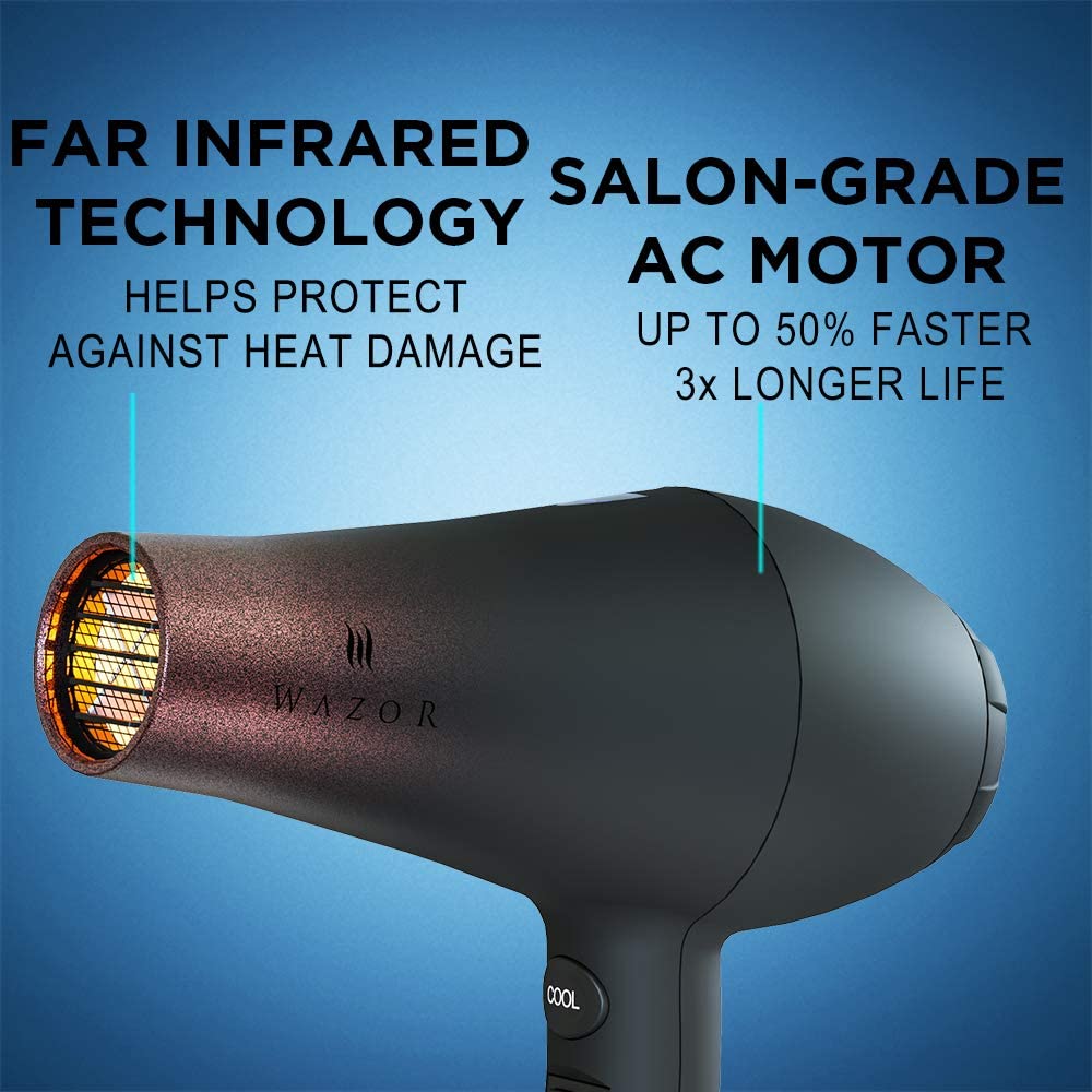 Wazor Professional Ionic Hair Dryer with Diffuser, Infrared Salon Grade Blow Dryer with Comb Attachment, 1875W Powerful Quiet Hair Blow Dryer, Tourmaline Ceramic Hairdryer with Nozzle, Black
