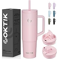 COKTIK 40 oz Tumbler with Handle and Straw, 3 Lids (Straw/Flip), Stainless Steel Vacuum Insulated Cup, 40 Ounce Travel Mug,Cupholder Friendly,Keeps Water Cold,Easy to Clean (Blush)