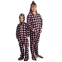 Hoodie Footed Onesie Buffalo Pink & Black Plaid Fleece Footed Pajamas for Boys & Girls