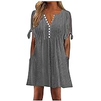 Summer Eyelet Mini Dress Women Tie Knot Short Sleeve Button V Neck T-Shirt Dress Tunic Beach Dresses with Pockets