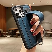 JAZIEL Leather Card Slot Wrist Strap Phone Case for iPhone 13 12 11 Pro Max 14 7 8 Plus Xr X Xs Wallet Stand Holder Shockproof Cover,Blue,for iPhone 12 Pro