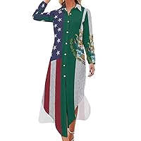 USA Mexican Flag Women's Shirt Dress Long Sleeve Button Down Shirts Dress Casual Loose Maxi Dresses