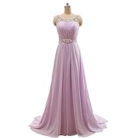 Lilac Chiffon Floor Length Beaded Neckline Prom Dress With Illusion Back