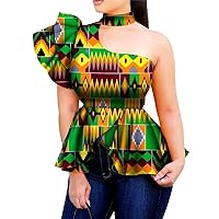 Womens Dashiki Tops One Shoulder Boho African Print Pleated Mini Swing Shirts for Club Party Blouse