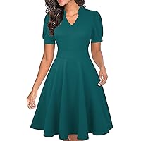 Mokayee Womens Summer Short Puff Sleeve Casual Semi-Formal Fit and Flare Church Wedding Guest Work Dresses with Pockets