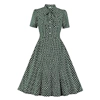 Bow Tie Neck Button Front Polka Dot Vintage Shirt Dresses Women A-Line Summer Female Elegant Dress