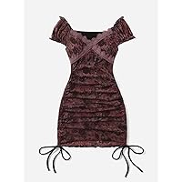 Dresses for Women - Butterfly & Floral Print Drawstring Dress (Color : Rust Brown, Size : Medium)