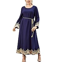 Flygo Womens Long Sleeve Maxi Dress Vintage Loose Embroidered Flowy Long Dresses