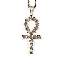 Flower Ankh Cross Men Women 925 Italy Gold Finish Iced Silver Charm Ice Out Pendant Stainless Steel Real 3 mm Rope Chain, Mans Jewelry, Iced Pendant, Rope Necklace 16
