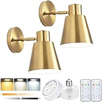 Battery Operated Wall Sconce Set of 2, Wireless Wall Lamp with Remote Control, Gold Modern LED Dimmable Wall Lighting, Indoor Wall Lamp Fixtures for Bedroom, Living Room, Bulb Included