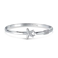 Nautical Starfish Tropical Beach Bangle Bracelet For Women Polished .925 Sterling Silver Eye Hook Clasp Personalize