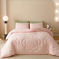 CLOTHKNOW Pink Floral Comforter Set Twin 3Pcs Blush Daisy Puff Bedding Comforter Sets Boho Comforter Sets Soft Pink Comforter Sets Twin