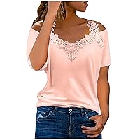 Womens Summer Cold Shoulder Tops Fashion Casual Solid Color Lace Patchwork Straps Short Sleeve Tee Shirts Loose Blouse