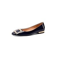 Women's Square Toe Gold Metal Buckle Pumps Patent Leather Slip On Flat Shoes