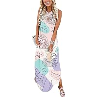 Womens Summer Dress Beach Spandex Dresses Off The Shoulder Dress Staggered Sleeveless Printed Dress(O-A,XX-Large)