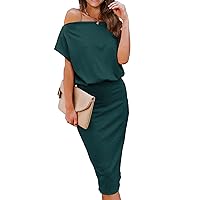 BTFBM Women's Casual Party Dresses 2024 Summer Spring Off The Shoulder Short Sleeve Slim Ribbed Knit Midi Bodycon Dress