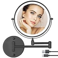 Rechargeable Wall Mounted Lighted Makeup Mirror 8 inch Double Sides 1X/10X Magnifying LED Makeup Mirror 3 Color Lights Touch Screen Dimmable 360° Swivel Extendable Bathroom Mirror Shaving Mirror Black