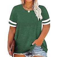 RITERA Plus Size Tops for Women 4X Summer Henley Shirts Oversized Ladies Solid Color Color Block Tunic Short Sleeve Crew Round Neck Tops Dark Green Tunic Blouse 26W 28W