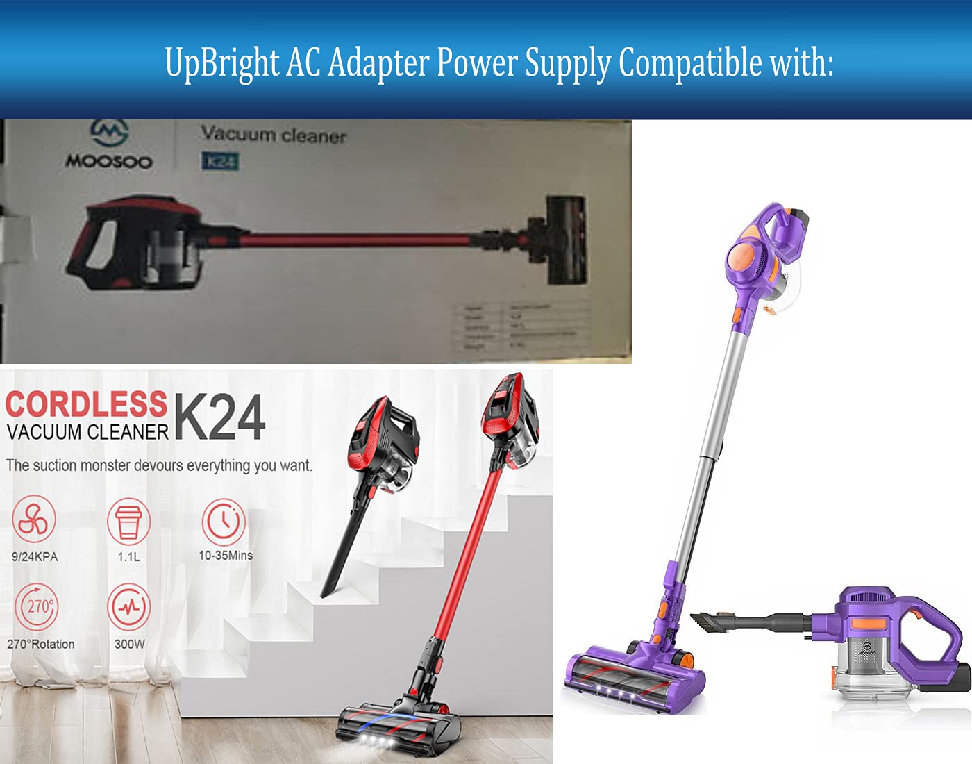 UpBright 36V 500mA AC/DC Adapter Compatible with MOOSOO K24 X8 Cordless Vacuum Cleaner 29.6V 2500mAh 2200mAh 8-Cell Lithium-ion Battery 24Kpa Powerful Stick Hand Vac FY0183600500 Power Supply Charger