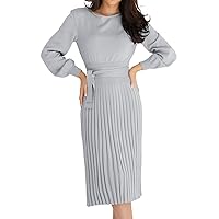 Womens Fall Outfits Casual Women's Ribbed Knit Midi Sweater Dress Elegant Wrap Dresses Crewneck Long Sleeve Classy Jumper Dress with Belt Vestidos De Otoño Gray