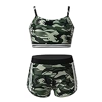 Kids Girls 2 Piece Swimsuit Bathing Suit Tankini Set Sports Crop Top with Booty Shorts Set