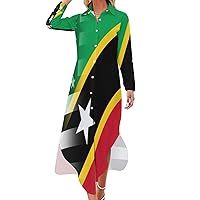 Black USA and Saint Kitts Nevis Flag Women Shirt Dress Button Down Maxi Dress Long Swing Dress Casual Party Dresses