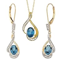 14K Yellow Gold Diamond Natural London Blue Topaz Lever Back Earrings Necklace Set Oval 7x5mm,18 inch