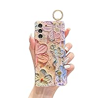 for Samsung Galaxy S22 Case [NOT Plus] Cute with Wrist Strap Kickstand Case Glitter Bling Cartoon IMD Soft TPU Shockproof Protective Phone Cases Cover for Girls and Women - Multicolor Flower