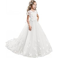 Elegant Lace Applique Floor Length Flower Girl Dress Wedding Birthday Pageant Ball Gown