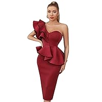 Women's Dresses One Shoulder Exaggerated Ruffle Split Back Bandage Bodycon Cocktail Dress Dress for Women