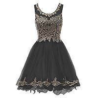 Short Cocktail Party Dresses for Women Tulle Gold Appliques Prom Gowns Black,18W