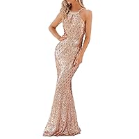 Formal Sequin Dress Sleeveless Halter Neck Mermaid Evening Party Club Prom Long Dresses Gowns with Beading Tassel