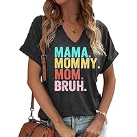 Mama V Neck Shirt Women Funny Mom Life T-Shirt Mother's Day Short Sleeve Graphic Tees Mama Gift Casual Tops Blouse