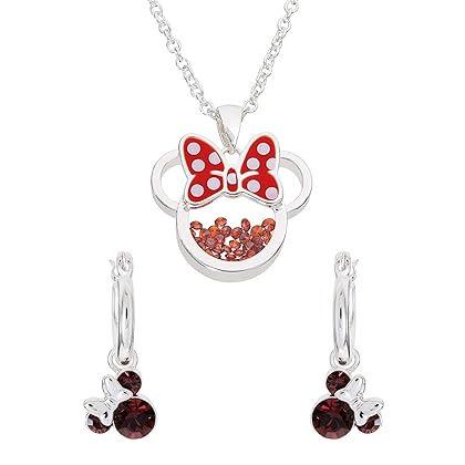 Disney Minnie Mouse January Birthstone Silver Plated Shaker Necklace and Hoop Earrings Set, Official License
