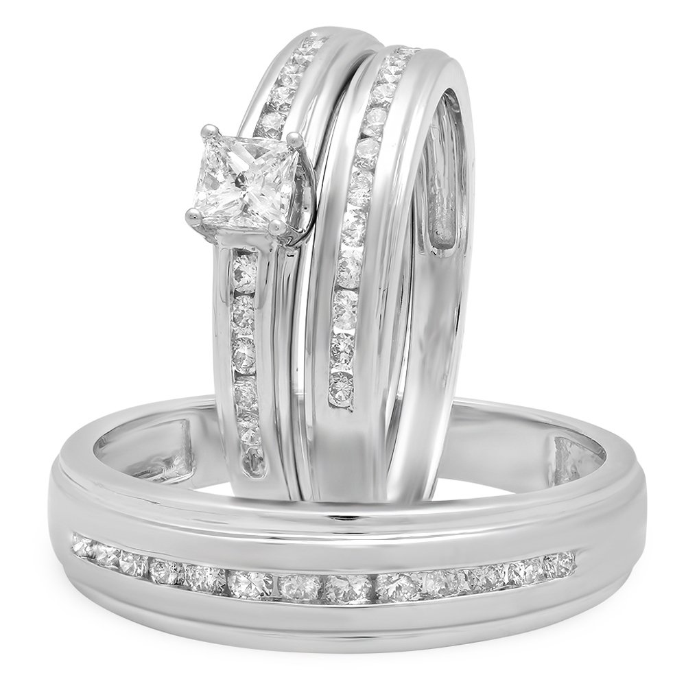 Dazzlingrock Collection 0.85 Carat (ctw) 10K Gold Princess & Round Cut White Diamond Men & Women's Ring Trio Bridal Set
